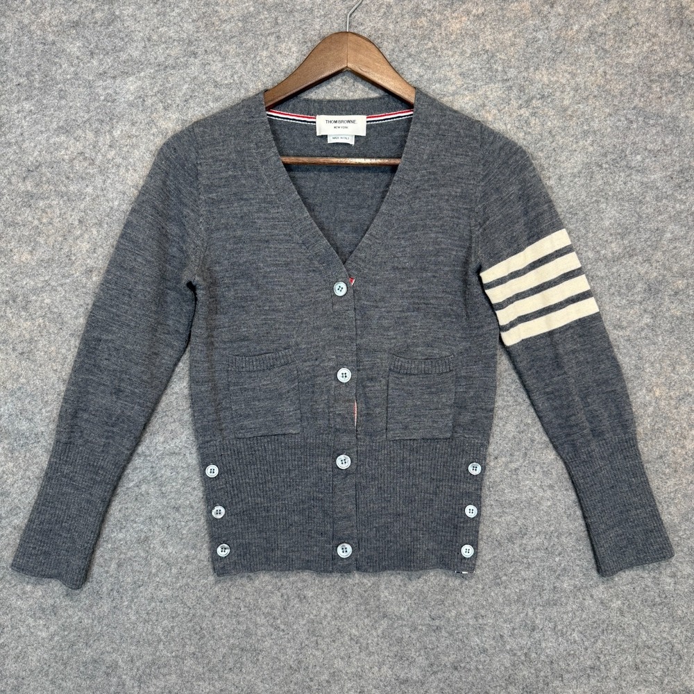 Thom Browne 100% Wool 4-Bar V Neck Cardigan Sweater Womens Small Size 2 Italy